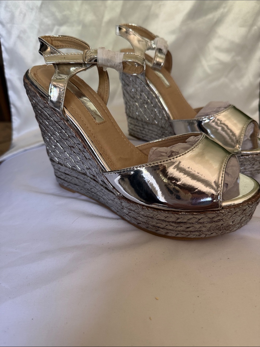 Lauren Lorraine Metallic Silver Espadrille Wedge Sandals